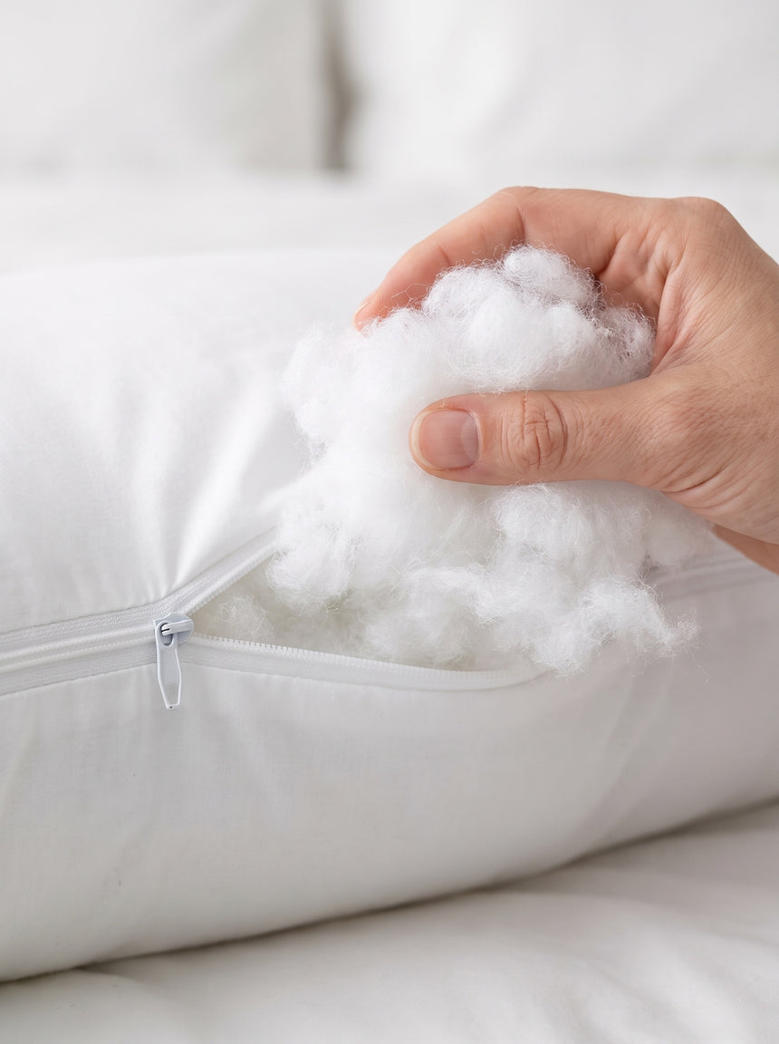 Hand pulling soft fibre filling out of the inner body pillow zipper